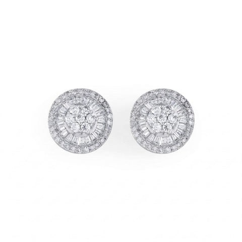 Rhodium Plated Round Baguette CZ Post Earrings Item #: 66520