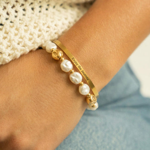 18 Karat Gold PVD Stainless Steel "Enjoy the Journey" Cuff Bracelet Item #: w2889