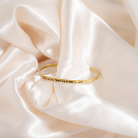 18 Karat Gold PVD Stainless Steel "Kind Heart Fierce Mind" Cuff Bracelet Item #: w2883