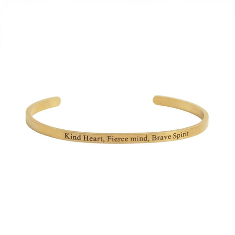 18 Karat Gold PVD Stainless Steel "Kind Heart Fierce Mind" Cuff Bracelet Item #: w2883