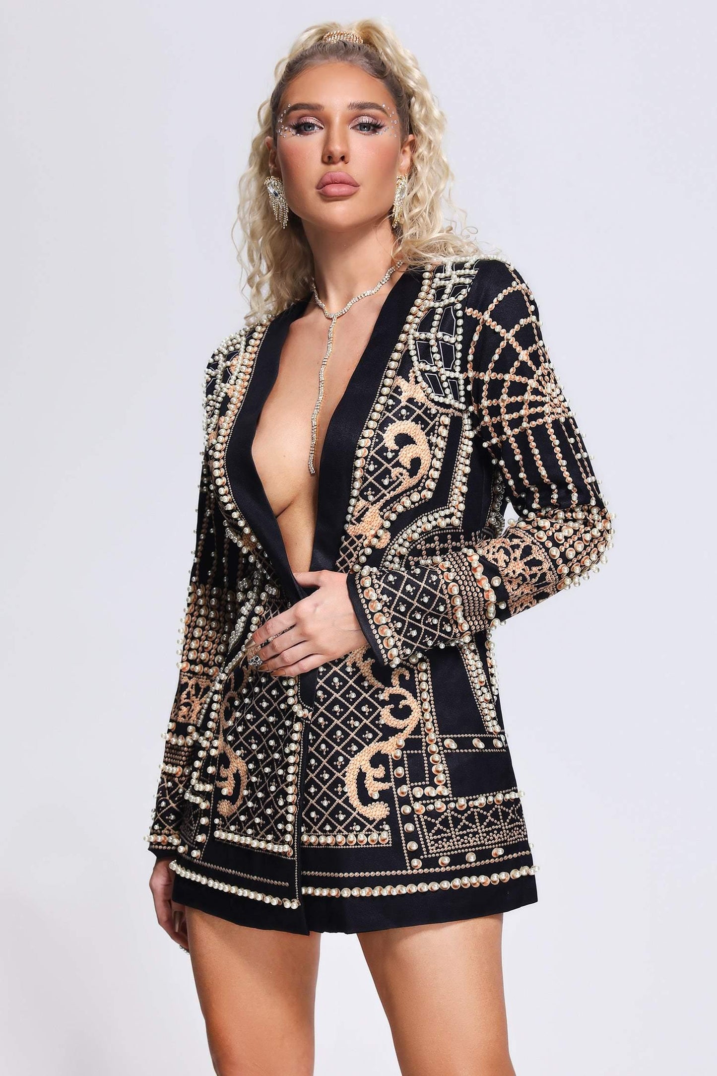 Beaded Deep V Blazer Mini Dress