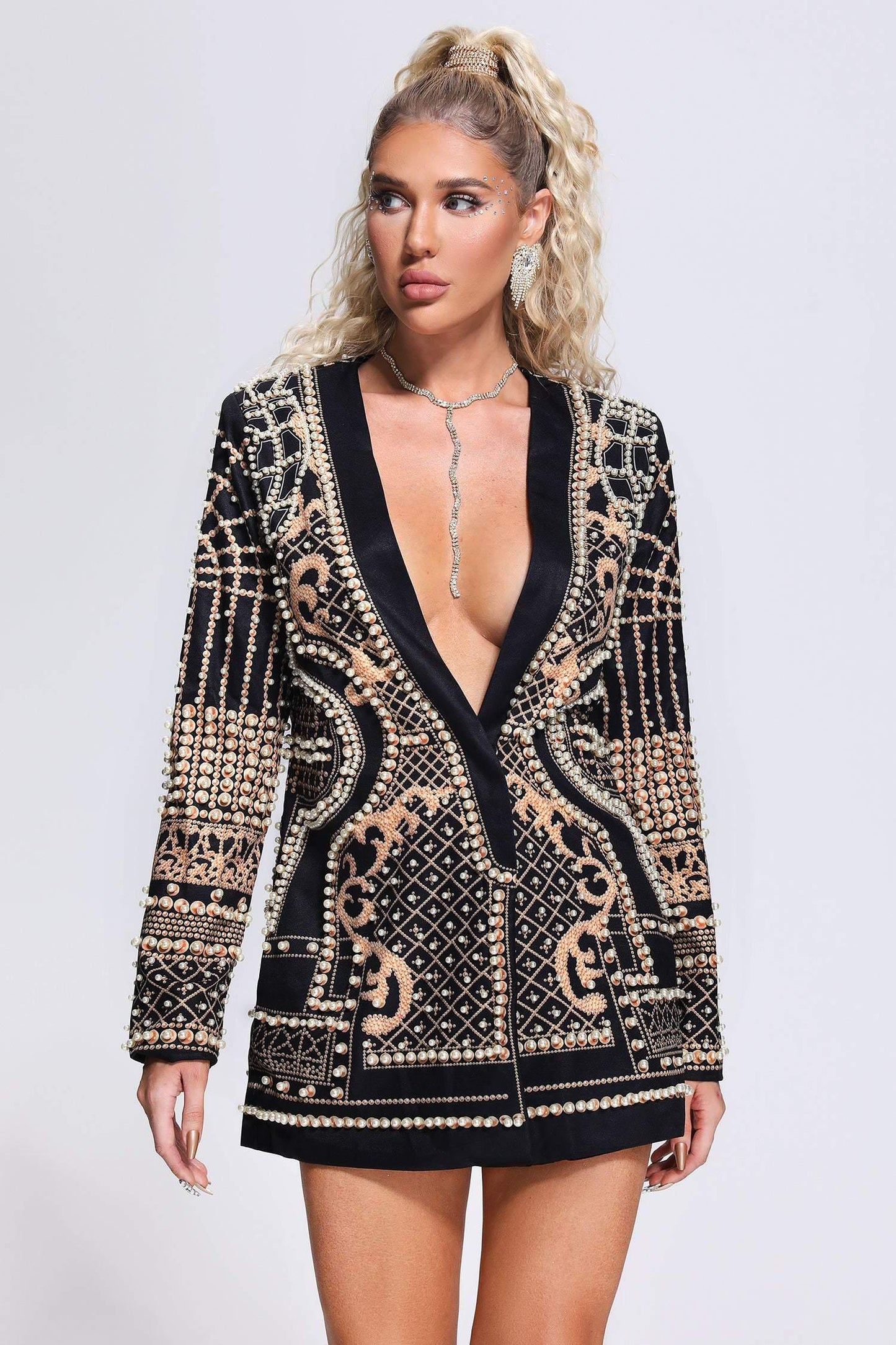 Beaded Deep V Blazer Mini Dress