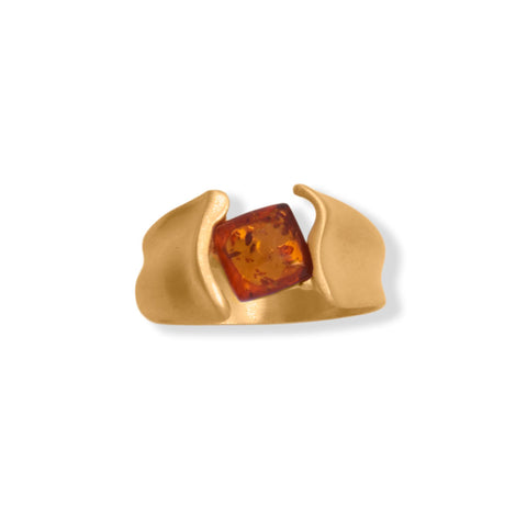 Matte 24 Karat Gold Plated Square Baltic Amber Ring Item #: 83936