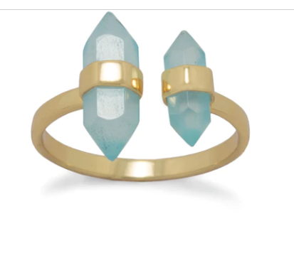14 Karat Gold Plated Spike Pencil Cut Aqua Chalcedony Split Ring