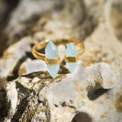 14 Karat Gold Plated Spike Pencil Cut Aqua Chalcedony Split Ring