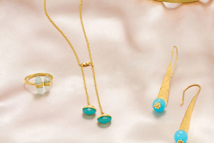 14 Karat Gold Plated Spike Pencil Cut Aqua Chalcedony Split Ring