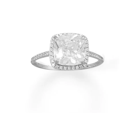 Rhodium Plated Square CZ Ring with CZ Edge