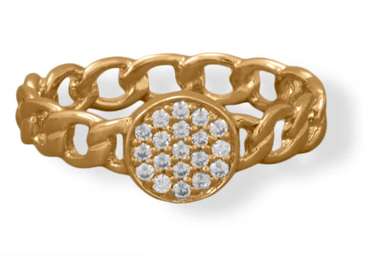 14 Karat Gold Plated Link Band with Pave CZ Round Disk